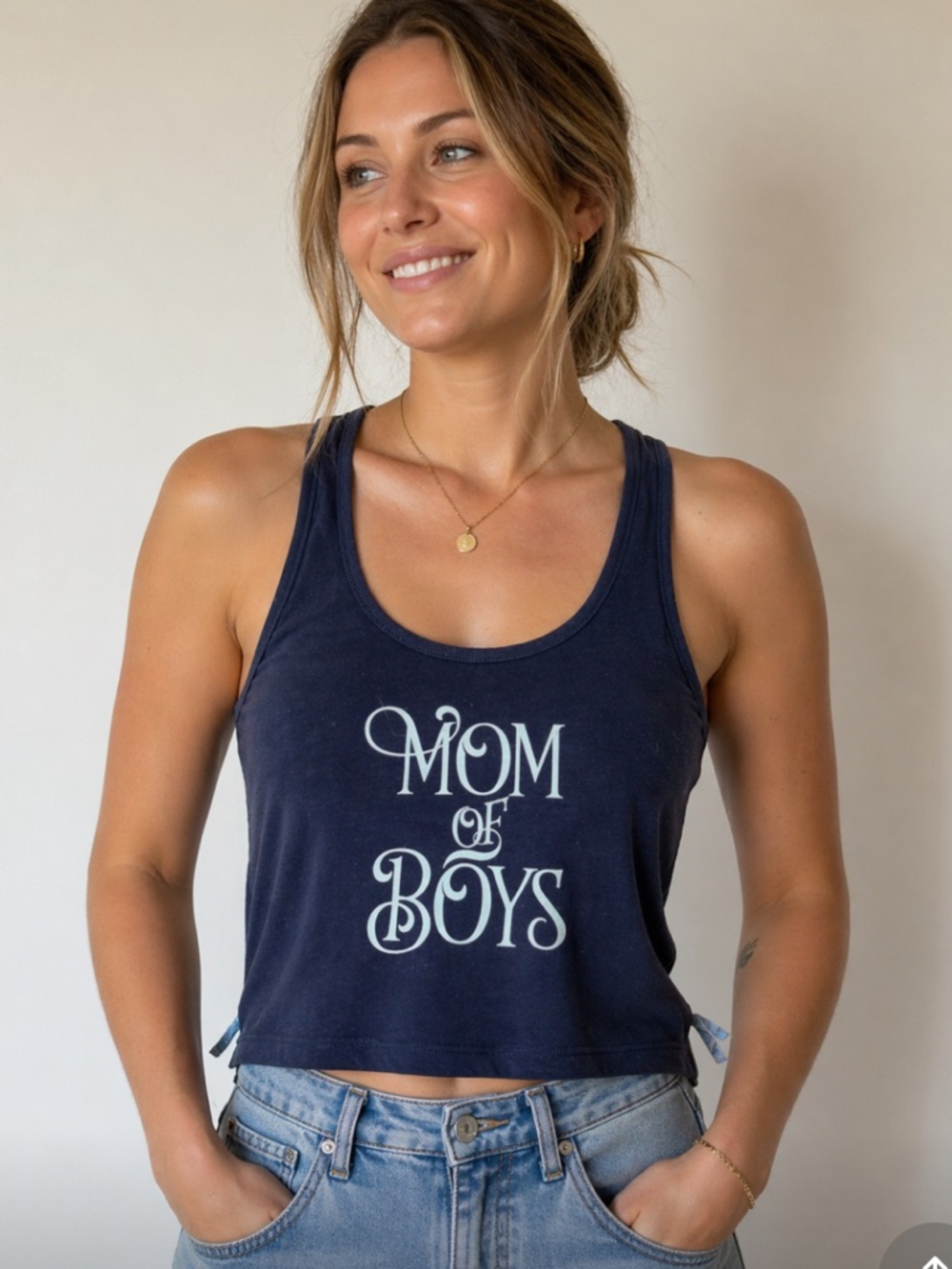 Mom of Boys Racer Back Cropped Tank Top Size S/M